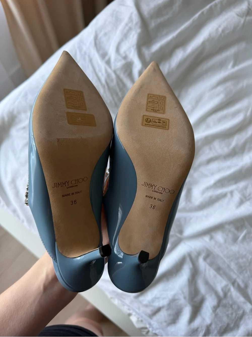 Jimmy Choo Light Blue Patent Pointed Crystal-Embellished Mules - Picture 3 of 3
